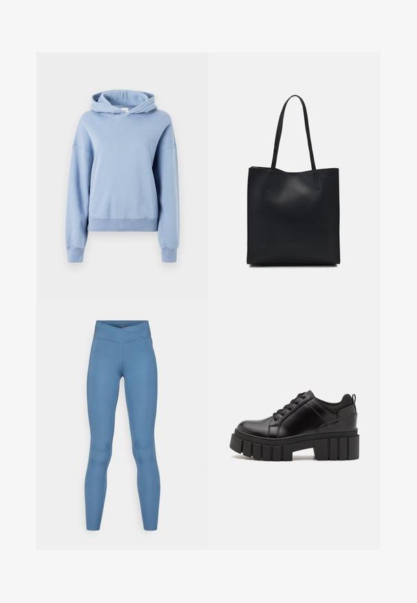 Vaaleansininen huppari, joka on valmistettu pehmeästä puuvillasta. S siinä on rento istuvuus, ribbaudet hihansuissa ja helmassa sekä etutasku.; Hunkemöller CROSS OVER LEGGING - Trikoot - blue; Mustat nahkakengät, joissa on lättihenkinen korko, pyöreä kärki ja perinteinen nauhakiinnitys. Ominaisuuksiin kuuluu sileä pintakuvio ja minimaalinen yksityiskohtaisuus.; Mustapahkainen kangaskassi, jossa on sileä pinta, suorakaiteen muotoinen ja kaksi pitkää kahvaa. Ei näkyvää metalliosaa tai koristeita.