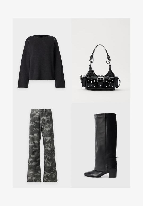 Maglione nero a maglia con colletto tondo, maniche lunghe e una vestibilità morbida. Presenta dettagli sottili sulle cuciture delle spalle e sull'orlo.; Jeans dritti a gamba lunga in camuffamento grigio scuro e nero, con chiusura a bottoni e zip e tasche anteriori.; Stivali neri in pelle al ginocchio con finitura liscia, punta quadrata, tacco a blocco e dettaglio con lacci laterali per una vestibilità regolabile.; Borsa a mano in pelle nera con design curvo, caratterizzata da borchie argentate, una fibbia e due tasche laterali. Tracolla regolabile per diverse opzioni di trasporto.
