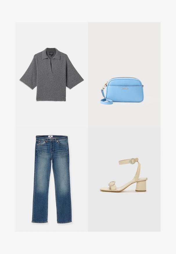 Harmaa neulepulloveri, jossa on kaulus, puoliksi auki oleva pääntie ja leveät hihat. Pehmeä rakenne ja rento siluetti tarjoavat mukavuutta.; RE/DONE THE ANDERSON - Straight leg -farkut - ladysmith; Beige korkeakorkoiset sandaalit minimalistisella designilla, joissa on kaksi pyöreää yksityiskohtaa ja paksu korko. Valmistettu sileästä nahasta.; Vaaleansininen nahkainen crossbody-laukku, jossa on kultasävytetty metalliosat, vetoketjukiinnitys ja etutasku. Mukana säädettävä olkahihna käytännöllisyyden vuoksi.