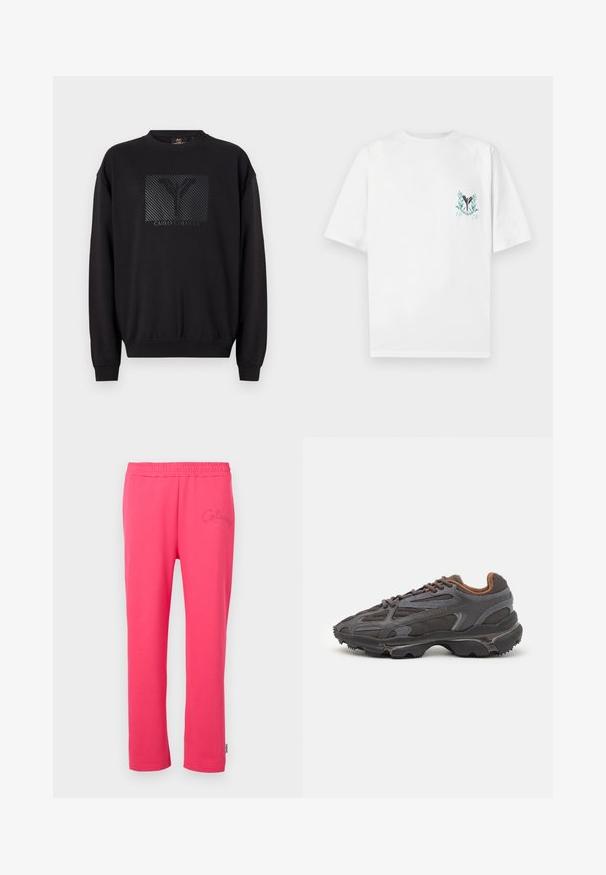 Czarna bluza z okrągłym dekoltem, z teksturowanym czarnym logo w formie pudełka oraz ściągaczami przy rękawach i na dolnym brzegu. Klasyczny krój, wykonana z miękkiego materiału.; Biała bawełniana koszulka z krótkimi rękawami raglanowymi, z haftowanym wzorem w niebieskim i zielonym kolorze na lewej piersi, przedstawiającym logo oraz napis "1978".; Różowe bawełniane spodnie dresowe z elastycznym pasem i haftowanym logo z przodu. Posiadają prosty krój nogawek.; Sneakers Lacoste w ciemnoszarym kolorze, wykonane z siateczki i materiału syntetycznego, z teksturowaną podeszwą oraz brązowymi akcentami na kołnierzu i logotypie.