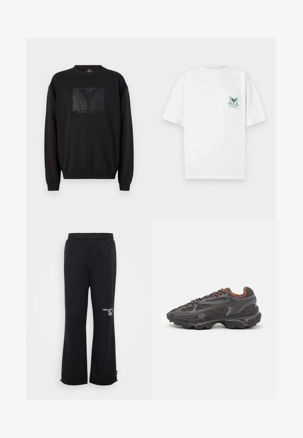 Sort sweatshirt med rund halsudskæring, der har en struktureret sort grafisk logo boks og ribstrikkede manchetter og kant. Klassisk pasform, lavet af blødt materiale.; Hvid bomulds t-shirt med korte raglanærmer, med et broderet design i blå og grøn på venstre bryst, der viser et logo og "1978."; Sorte sweatpants med en afslappet pasform, lavet af blødt stof. Har en elastisk talje og sidelommer, samt et logo på det ene ben.; Lacoste sneakers i mørkegrå med mesh og syntetisk materiale, udstyret med en tekstureret sål og brune accenter på kraven og brandingen.