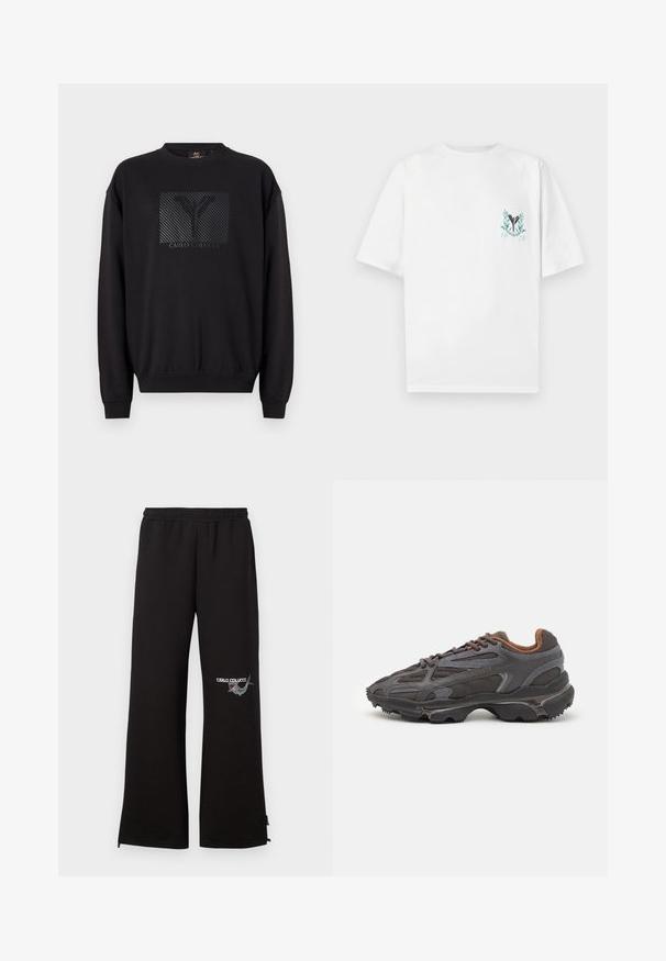 Černá mikina s kulatým výstřihem, s texturovaným černým grafickým logem v rámečku a žebrovanými manžetami a lemem. Klasický střih, vyrobena z měkkého materiálu.; Bílý bavlněný tričko s krátkými raglánovými rukávy, které na levé straně hrudi zdobí vyšívaný design v modré a zelené barvě s logem a nápisem "1978."; Černé tepláky s elastickým pasem, které mají vyšívané logo a grafické detaily na levé noze. Rovný střih s zipy na lemech.; Sněrovací boty Lacoste v tmavě šedé barvě s síťovinou a syntetickým materiálem, prezentující texturovanou podrážku a hnědé detaily na límci a logu.