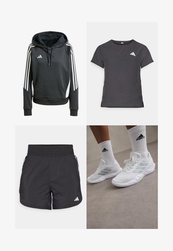 Svart hettegenser med frontlomme, med hvite striper langs ermene og brodert logo på brystet. Blandingsmateriale av bomull.; Kortermet treningstrøye, mørkegrå med perforert tekstur. Har en hvit logo og kontrasterende side-striper. Rund halslinje.; Svarte treningsshorts med elastisk midje, sidelommer og hvite stripeaksenter på sidene. Laget av lett materiale.; Hvite sportssko med mesh-overdel og lysegrønne detaljer, med tre-stripes design og gummisåle. Kombinert med hvite crew-sokker.