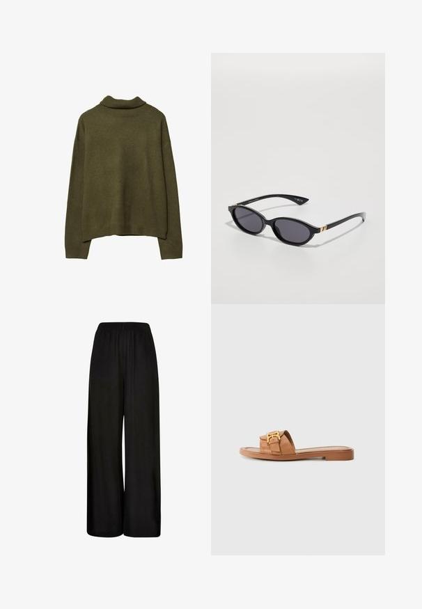 Olivově zelený svetr s dlouhým rukávem a žebrovaným límcem, manžetami a spodním lemem, vystavený na bílém pozadí.; Černé široké kalhoty vyrobené z hladké tkaniny. Mají elastický pas a volný, splývavý střih pro pohodlí a snadný pohyb.; Hnědé kožené sandály na ploché podrážce s širokým páskem, zlatými akcenty a minimalistickým designem. Vhodné pro volnočasové nošení.; Černé sluneční brýle s oválnými čočkami, tmavým gradientním zabarvením a štíhlými rameny s jemnými zlatými akcenty. Hladký plastový povrch.; Plátěná taška s potiskem, zobrazující kresleného medvěda v zeleném šálu a blejzru, s hnědými koženými ramenními popruhy. Bílý podklad, potiskovaný design.