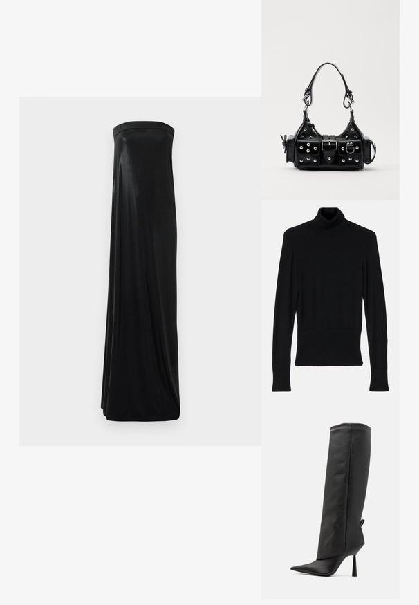 AERON TENDER LONG SLEEVED - Jumper - black; Black strapless maxi dress made of smooth, shiny fabric. Features a fitted bodice and flowing silhouette, reaching the floor without embellishments.; Black leather high-heeled boots with pointed toes, tall shaft, and a sleek finish. Features a small loop detail at the back.; Black leather handbag with a curved design, featuring silver studs, a buckle, and two side pockets. Adjustable strap for carrying options.