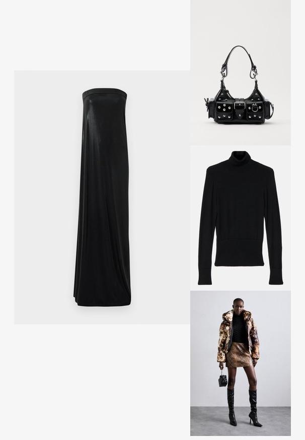 AERON TENDER LONG SLEEVED - Stickad tröja - black; Svart axelbandslös maxiklänning tillverkad av glatt, glänsande tyg. Har en figursydd livdel och en flödande silhuett som når golvet utan utsmyckningar.; Puffjacka med ett brunt och svart mönster, kombinerad med en brun snake print minikjol, svarta knähöga stövlar och en liten svart väska.; Svart läderhandväska med en kurvad design, prydd med silverfärgade nitar, ett spänne och två sidofickor. Justerbar rem för olika bäralternativ.