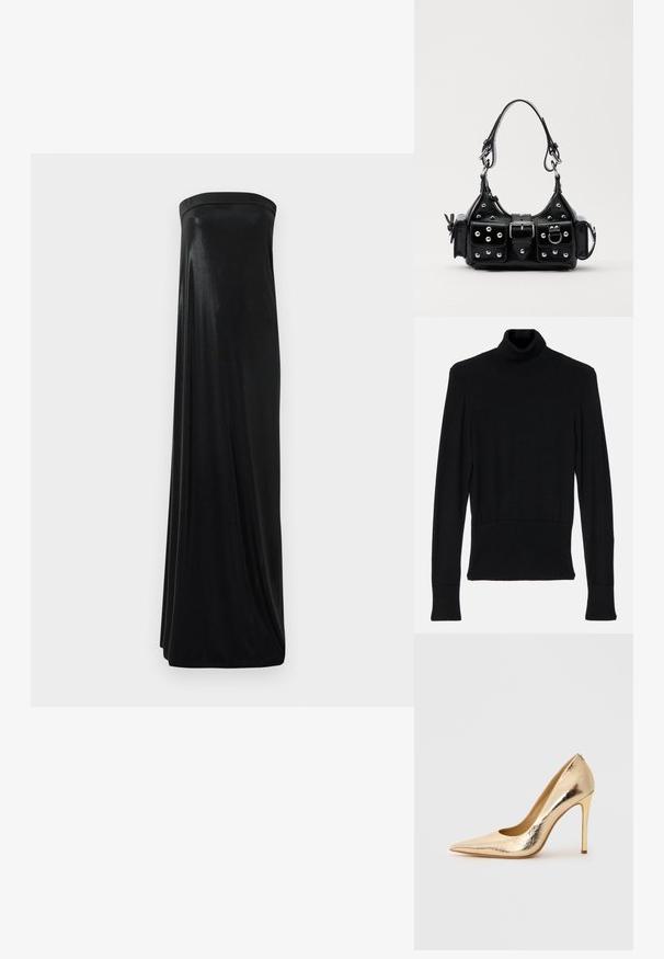 AERON TENDER LONG SLEEVED - Maglione - black; Abito maxi nero senza maniche realizzato in tessuto liscio e lucido. Presenta un corpetto aderente e una silhouette fluida, che arriva fino al pavimento senza decorazioni.; Scarpa con punta a punta d'oro lucido e tacco stiletto sottile su uno sfondo chiaro.; Borsa a mano in pelle nera con design curvo, caratterizzata da borchie argentate, una fibbia e due tasche laterali. Tracolla regolabile per diverse opzioni di trasporto.