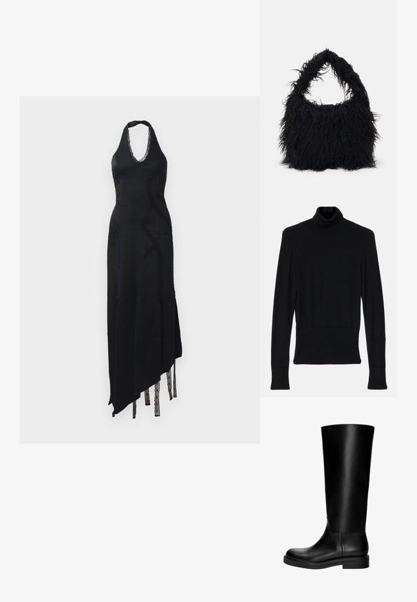 AERON TENDER LONG SLEEVED - Vesta - black; Crna halter haljina s čipkastim detaljima, koja ima asimetričnu donju ivicu i proreze, izrađena od glatkog materijala s elegantnim siluetom.; Crne kožne čizme do koljena s glatkom teksturom, zaobljenim vrhom, suptilnim dizajnom i niskim blok petama. Nema vidljivih dijelova od hardvera ili uzoraka.; Even&Odd Velika torba - black