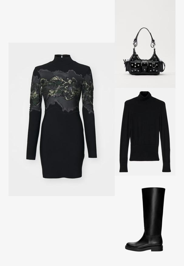 AERON TENDER LONG SLEEVED - Vesta - black; Crna haljina dugih rukava s visokim izrezom, prozirni bodice s kamuflažnim uzorkom i teksturiranim akcentima, te oblikovanim siluetom.; Crne kožne čizme do koljena s glatkom teksturom, zaobljenim vrhom, suptilnim dizajnom i niskim blok petama. Nema vidljivih dijelova od hardvera ili uzoraka.; Crna kožna torba s zakrivljenim dizajnom, koja sadrži srebrne zakovice, kopču i dva bočna džepa. Podesiva traka za različite opcije nošenja.