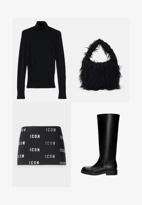 AERON TENDER LONG SLEEVED - Striktrøje - black; Sort mini nederdel med glitrende "ICON" tekst i et gentagende mønster på stoffet, glat tekstur med en tætsiddende pasform.; Sorte læderknæhøje støvler med en glat overflade, rund tå, diskret design og en lav blokhæl. Ingen synlig hardware eller mønstre.; Even&Odd Shopping bags - black