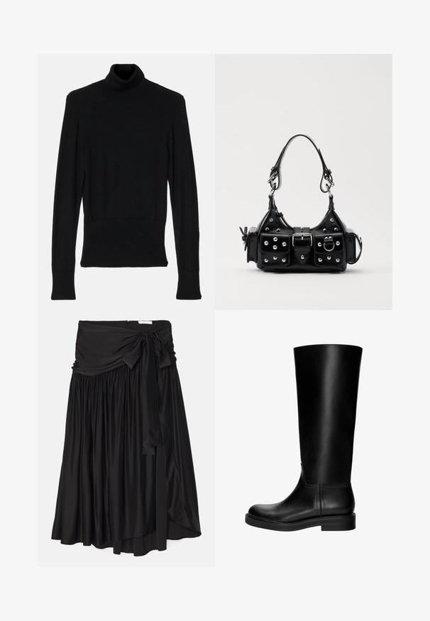 AERON TENDER LONG SLEEVED - Neule - black; Mustat hameet, jotka on valmistettu sileästä, virtaavasta kankaasta; siinä on leveä, laskostettu vyötärö, jossa on nauha ja laskostus, joka antaa ilmavan muodon.; Musta nahkasaapas, joka ulottuu polveen, sileällä pinnalla, pyöristetyllä varpaan muotoilulla, hillityllä designilla ja matalalla lohkokannalla. Ei näkyvää metalliosaa tai kuvioita.; Musta nahkainen käsilaukku, jossa on kaareva muotoilu, hopeiset niitit, solki ja kaksi sivutaskua. Säädettävä olkahihna erilaisiin kantovaihtoehtoihin.