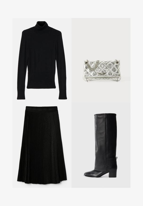 AERON TENDER LONG SLEEVED - Pulover - black; Črna plisirana krila z teksturiranim dizajnom, elastičnim pasom in plastmi plisov za dodatno gibanje in globino.; Črne usnjene škornje do kolen z gladkim zaključkom, kvadratnim nosom, blokastim peto in stranskim vezanjem za nastavljivo prileganje.; Srebrna metalna torbica z verižnim ročajem, prešita tekstura, dekorativno šivanje in zadrga. Ima embosirane dodatke na sprednji strani.