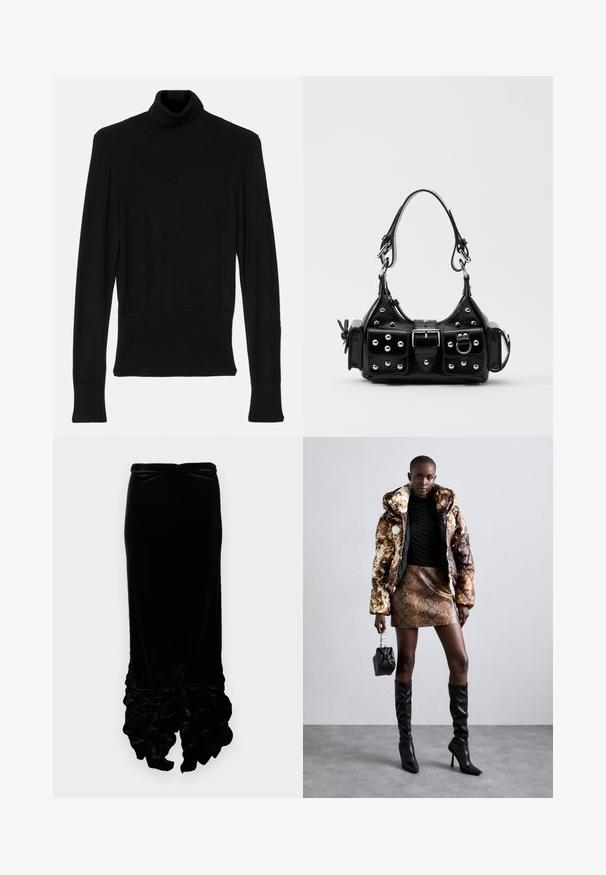 AERON TENDER LONG SLEEVED - Džemperis - black; Juodas aksominis sijonas su prigludusia forma. Savybės: raukiniai apatinėje dalyje, suteikiantys gylio ir tekstūros. Lygi medžiaga su nedideliu blizgesiu.; Pūkuotas džemperis su rudos ir juodos spalvų raštu, derinamas su rudą gyvatės rašto mini sijonu, juodais ilgaauliais batais iki kelių ir mažyte juoda rankine.; Juodas odinis rankinukas su kreiviu dizainu, su sidabro spalvos knopkėmis, užsegimu ir dviem šoninėmis kišenėmis. Reguliuojama dirželis nešimui.