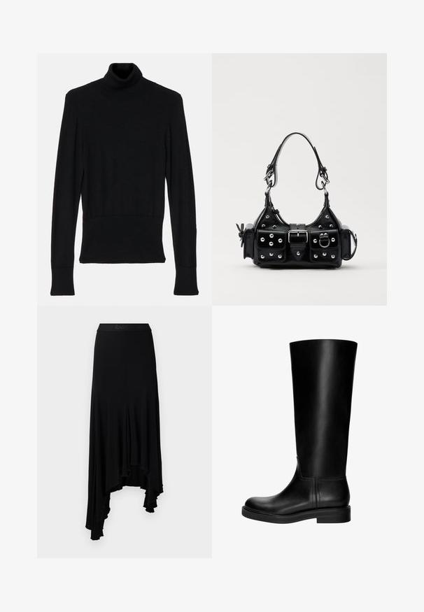 AERON TENDER LONG SLEEVED - Trui - black; Zwarte asymmetrische rok met een golvende onderrand, gemaakt van zachte, elastische stof, met een brede tailleband met verhoogde branding.; Zwarte leren kniehoogte laars met een gladde textuur, ronde neus, ingetogen design en een lage blokhak. Geen zichtbare hardware of patronen.; Zwarte lederen handtas met een gebogen ontwerp, voorzien van zilveren studs, een gesp en twee zijvakken. Verstelbare schouderband voor verschillende draagmogelijkheden.