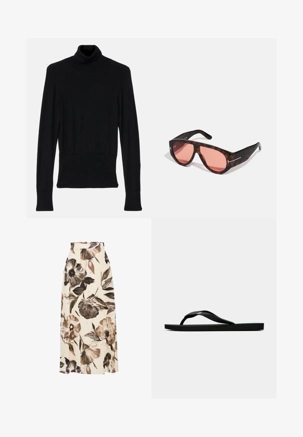 AERON TENDER LONG SLEEVED - Striktrøje - black; Hvid T-shirt med korte ærmer lavet af glat bomuld. Har en rund halsudskæring og lige snit, uden mønstre eller udsmykninger.; Maxi-nederdel med blomsterprint i creme, prydet med brune og sorte blomster samt grønne blade. Fremstillet af letvægtsstof med en afslappet pasform.; Sorte gummiflip-flopsandaler med en tekstureret rem og simpel flad sål, vist fra siden på en lys ensfarvet baggrund.; Skildpadde-solsorte med pink linser, der har et dristigt og kantet design samt tynde sølvhardware-accenter på stellet.