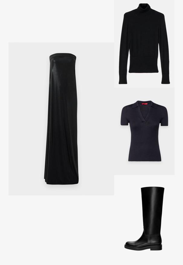 AERON - Sweter; Ciemnoniebieski, krótki rękaw, prążkowany top z dekoltem w szpic i kołnierzykiem. Posiada dopasowany krój i gładką fakturę. Widoczna czerwona etykieta marki przy dekolcie.; Czarna maksidługa sukienka bez ramiączek wykonana z gładkiego, błyszczącego materiału. Posiada dopasowany górny fason i swobodny krój, sięgający ziemi bez ozdób.; Czarne skórzane kozaki do kolan o gładkiej fakturze, zaokrąglonym nosku, stonowanym designie i niskim obcasie w kształcie bloku. Brak widocznych dodatków czy wzorów.