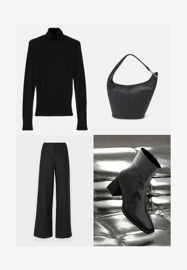 AERON TENDER LONG SLEEVED - Strikkegenser - black; Faithfull the brand LULEA PANT - Bukse - black; Sorte ankelstøvler laget av blankt materiale med firkantet tå og avsmalnende hæl, plassert mot en glinsende sølvfarget tuftet bakgrunn.; Svart lærveske med en rund form, bred stropp og strukturert overflate. Har en subtil sømdetalj og gullfarget beslag.