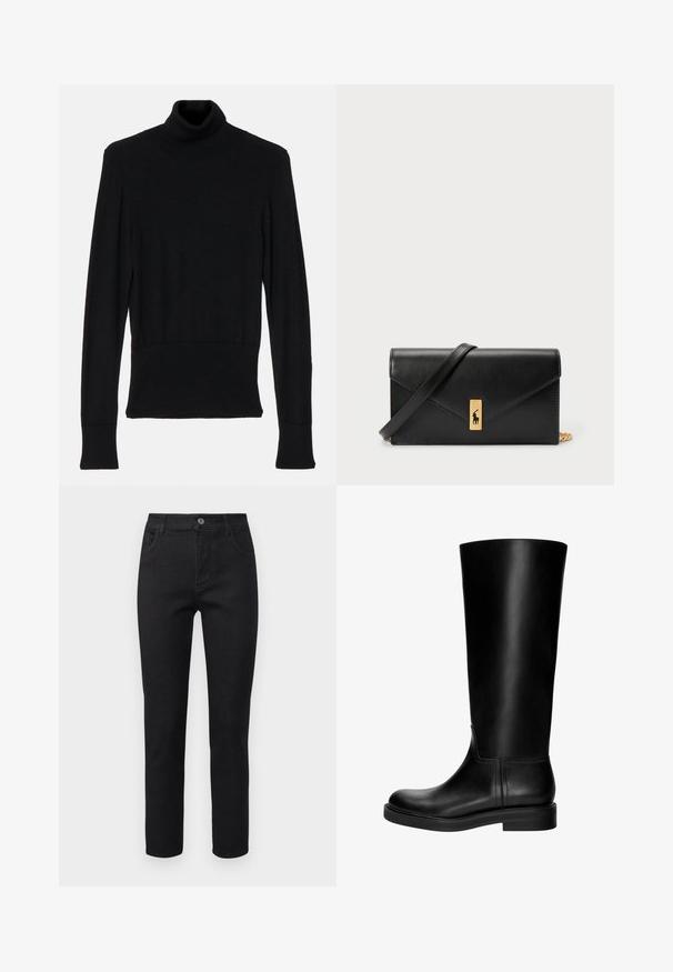 AERON TENDER LONG SLEEVED - Pulover - black; Črne jeans hlače s ravnim krojem, zasnovo s petimi žepi in z gumbom za zapiranje. Tkanina ima gladko teksturo in rahlo elastičnost.; Črne usnjene škornje do kolen z gladko teksturo, zaobljenim prstom, preprostim dizajnom in nizko blok peto. Ni vidne opreme ali vzorcev.; Črna usnjena denarnica s prepognjenim pokrovom, zlato okovje, ki vključuje poudarek z logotipom. Vključuje odstranjljivo naramnico za nošenje.