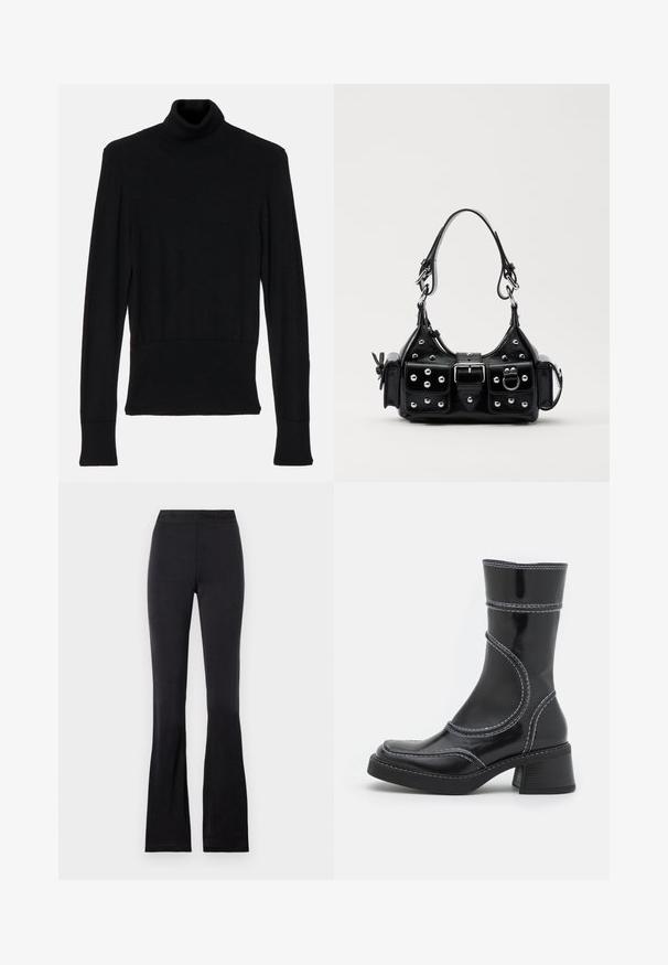 AERON TENDER LONG SLEEVED - Camisola - black; Versace Jeans Couture Leggings - Calças - black; Bota de tornozelo em pele sintética preta com costura branca, bico redondo e salto bloco. Apresenta linhas de design curvas e uma textura suave.; Bolsa de couro preta com um design curvado, apresentando tachas prateadas, uma fivela e dois bolsos laterais. Alça ajustável para opções de transporte.