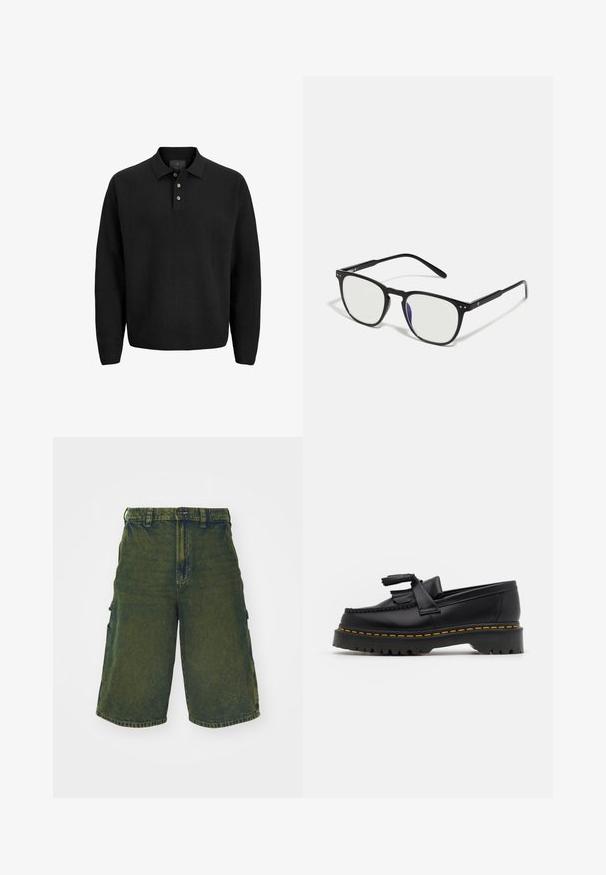 Black long-sleeve polo shirt with three buttons and a collar, displayed against a white background.; Green denim cargo shorts with a relaxed fit, featuring side pockets and a button closure. Distressed texture and straight cut.; Black leather loafer with a tasseled accent, featuring a chunky black sole and yellow stitching along the edge. Textured finish.; Black rectangular sunglasses with clear lenses, metal accents, and thin arms. Features a slight curve at the temples.; Black leather messenger bag with silver buckles, yellow stitching, adjustable strap, and a front pocket. Brand logo displayed on the front.