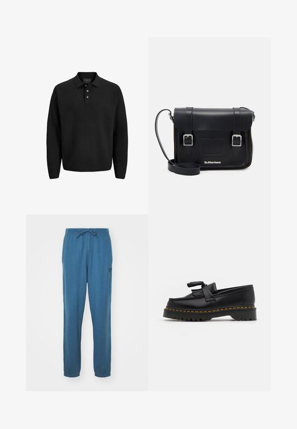 Černá polokošile s dlouhým rukávem, třemi knoflíky a límečkem, vystavená na bílém pozadí.; Modré bavlněné tepláky s elastickým pasem a nastavitelnou šňůrkou. Má malé logo na levé nohavici a zúžené manžety u kotníků.; Černé kožené mokasíny s třásněmi, se silnou černou podrážkou a žlutým prošíváním podél okraje. Texturovaný povrch.; Černá kožená taška přes rameno se stříbrnými sponami, žlutým prošíváním, nastavitelným popruhem a přední kapsou. Logo značky umístěné na přední straně.