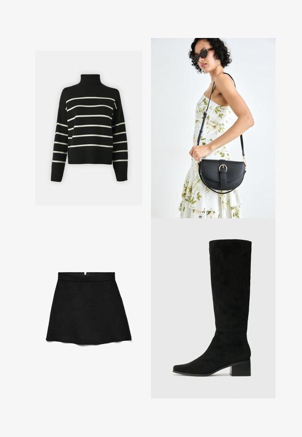 Svart polotröja med vita horisontella ränder, lös passform, ribbad struktur vid krage och manschetter, kort design, mjukt tyg.; Svart, utsvängd minikjol tillverkad av mjukt tyg. Har en slät midjerem och en diskret dragkedja bak för stängning.; Knähöga svarta mockastövlar med spetsig tå och en kraftig rektangulär klo, med en slät yta och minimalistisk design.; Svart läderhandväska med en böjd form, avtagbar rem och guldiga detaljer. Väskan har ett lock med en spänndetalj.