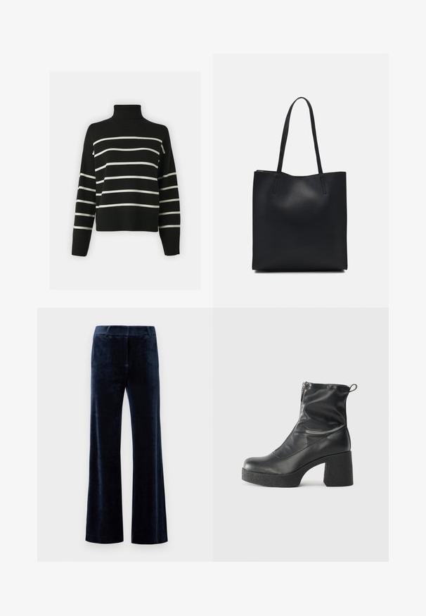 Black turtleneck sweater with white horizontal stripes, loose fit, ribbed texture at collar and cuffs, cropped design, soft fabric.; Navy blue flared pants made of soft velvet. Features a smooth texture, tailored waistband, and clean cut edges. No visible hardware or patterns.; Black ankle boots made of smooth leather, featuring a side zipper, chunky textured heel, and rounded toe design.; Black leather tote bag with smooth texture, rectangular shape, and two long handles. No visible hardware or embellishments.