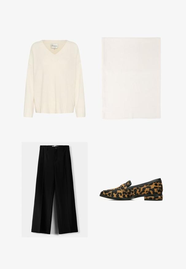 Cream-colored knitted sweater with a V-neck, ribbed cuffs and hem, and loose fit. Label reads "My Essential Wardrobe," size M.; Black wide-leg trousers made of lightweight fabric, featuring a front button closure and flat front, with neatly stitched hems.; Leopard print loafers with a smooth black leather trim; flat heel; textured, spotted fur-like material; elegant rounded silhouette.; Soft cream-colored rectangular fabric folded neatly with visible subtle texture and fine stitching along edges.; Brown leather handbag with structured design, gold hardware accents, and a decorative flap. Includes a detachable shoulder strap.
