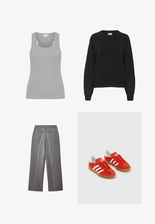 Mustat, oversize neulepaita, jossa on pyöreä kaula-aukko, pitkät hihat ja resorireunat hihoissa ja helmassa. Valmistettu pörröisestä kankaan tekstuurista.; Harmaa ribbattu toppi, jossa on vaalea kaula-aukko ja leveät hihnat. Valmistettu pehmeästä, kevyestä kankaasta. Ominaisuuksina istuva muotoilu ja minimaalinen sauman määrä.; Harmaat räätälöidyt housut, joissa on litteä etuosa, suora lahjemuotoilu, kaksi takataskua ja hienovarainen tekstuuri.; Punaiset mokkakengät valkoisilla raidoilla, kumipohja, pehmustettu kaulus ja logo kielessä. Klassinen muotoilu teksturoidulla päällyksellä.