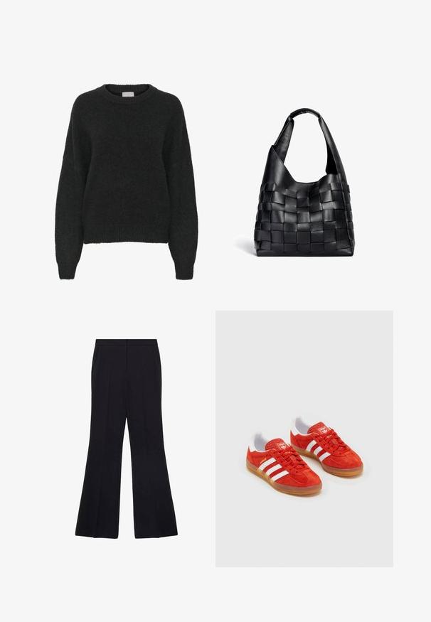 Maglione nero oversize con scollatura rotonda, maniche lunghe e polsini e orlo a costine. Realizzato in tessuto morbido e peloso.; Pantaloni neri a campana con un tessuto liscio, dotati di una parte frontale piatta, tasche laterali e un design su misura per una vestibilità strutturata.; Sneakers in suede rosso con strisce bianche, suola in gomma, collo imbottito e logo sulla linguetta. Design classico con tomaia testurizzata.; Borsa a spalla in pelle nera intrecciata con una forma morbida e ampio manico. Caratterizzata da un design testurizzato e intrecciato con una finitura liscia.