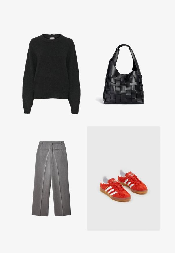 Svart, oversized tröja med rund halsringning, långa ärmar och ribbade manschetter och nederkant. Tillverkad av fluffigt texturerat tyg.; Grå skräddarsydda byxor med platt framsida, rak ben design, två bakfickor och subtil struktur.; Röda mockaskor med vita ränder, gummisula, vadderad krage och logotyp på tungan. Klassisk design med texturerad ovandel.; Svart lädervävd toteväska med en avslappnad form och bred axelrem. Har en strukturerad, flätad design med en slät yta.