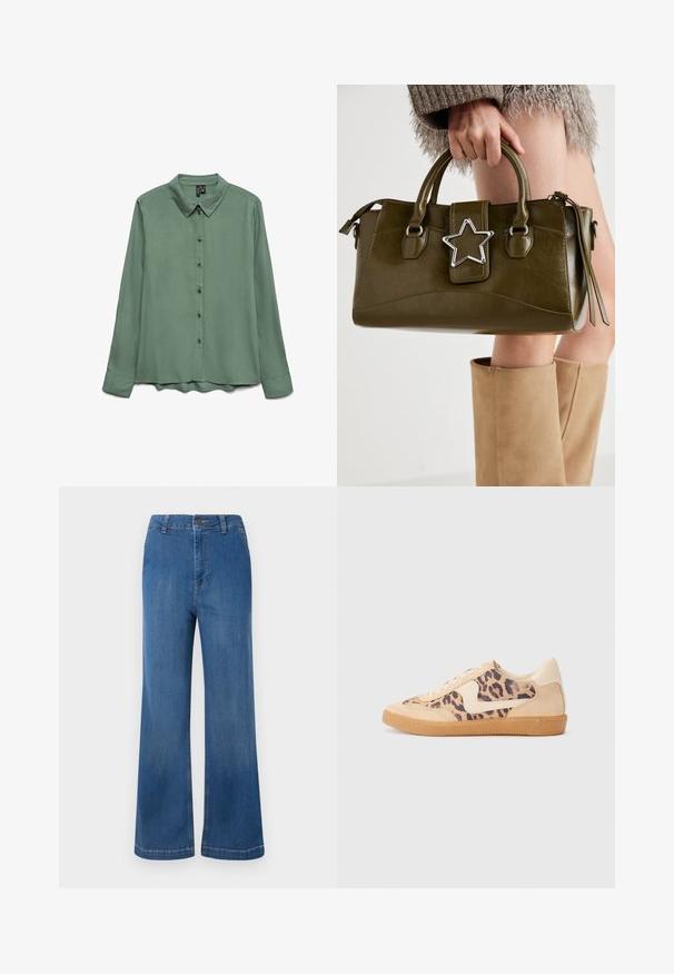 Kurz geschnittener Pullover in Creme, mit einem Zopfstrickmuster, einem weiten Kragen und gerippten Bündchen. Hergestellt aus weichem, strukturiertem Stoff.; Langärmliges Hemd in Salbeigrün, aus glattem Stoff gefertigt. Verfügt über einen spitzen Kragen, eine Knopfleiste und einen leicht abgerundeten Saum.; Weite blaue Jeans mit hohem Bund, Knopfverschluss, fünf Taschen und einem verwaschenen Look.; Löwenmuster-Sneaker mit beige Wildleder-Obermaterial, tanfarbener Gummisohle und weißen Akzenten. Runde Zehenform und Schnürdesign mit strukturiertem Finish.; Olivgrünes Kunstlederhandtasche mit silbernem Sternakzent, doppelten Griffen und einem Reißverschluss. Strukturierten Form und texturierten Oberfläche.