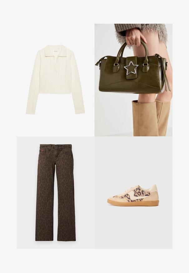 Skraćeni pulover u krem boji, s uzorkom pletenice, širokim ovratnikom i rebrastim manžetama. Izrađen od mekog, teksturiranog materijala.; Kratke smeđe traperice s uzorkom leoparda i ravnim krojem, s копčом na dugme i suptilnim crvenim brendiranjem sprijeda. Mekani traper finiš.; Tenisice s uzorkom leoparda, bež nubuk gornjištem, smešnim gumenim đonom i bijelim detaljima. Okrugli vrh i dizajn s vezicama s teksturiranom završnom obradom.; Maslinasto zelena torba od umjetne kože s srebrnim zvijezdastim detaljem, dvostrukim ručkama i zatvaranjem na munje. Teksturirana površina i strukturirani oblik.