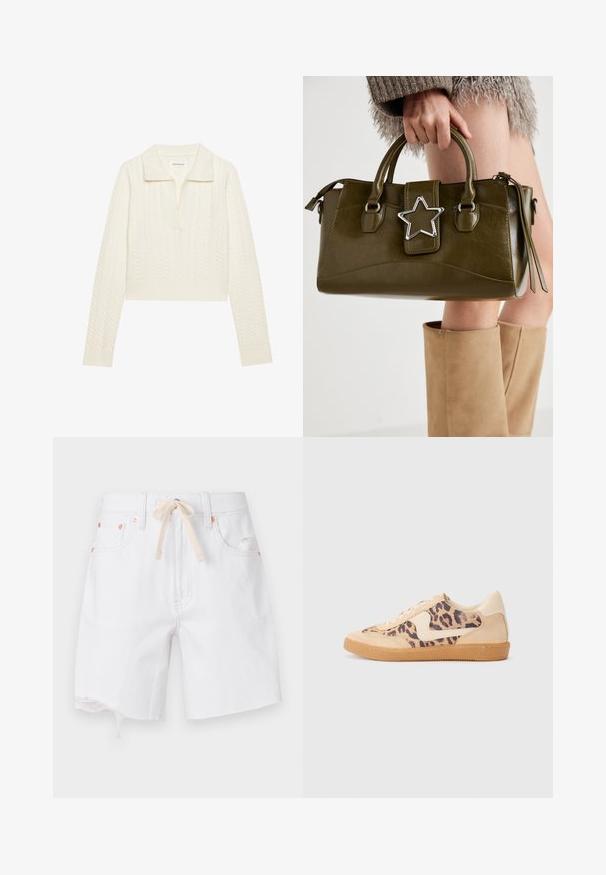 Krátky sveter v krémovej farbe, s pleteným vzorom, širokým golierom a žebrovanými manžetami. Vyrobený z mäkkej, textúrovanej látky.; Biele dennové šortky s surovým okrajom, z materiálu z bavlnenej zmesi a s béžovým šnúrkou. Obsahujú medené doplnky a bočné vrecká.; Tenisky s leopardím vzorom, s béžovým semišovým zvrškom, svetlohnedou gumovou podrážkou a bielymi akcentmi. Okrúhla špička a šnurovací dizajn s textúrovaným povrchom.; Olive zelená kabelka z faux kože s striebornou hviezdou, dvojitými uchami a zipsovým uzáverom. Textúrovaný povrch a štruktúrovaný tvar.