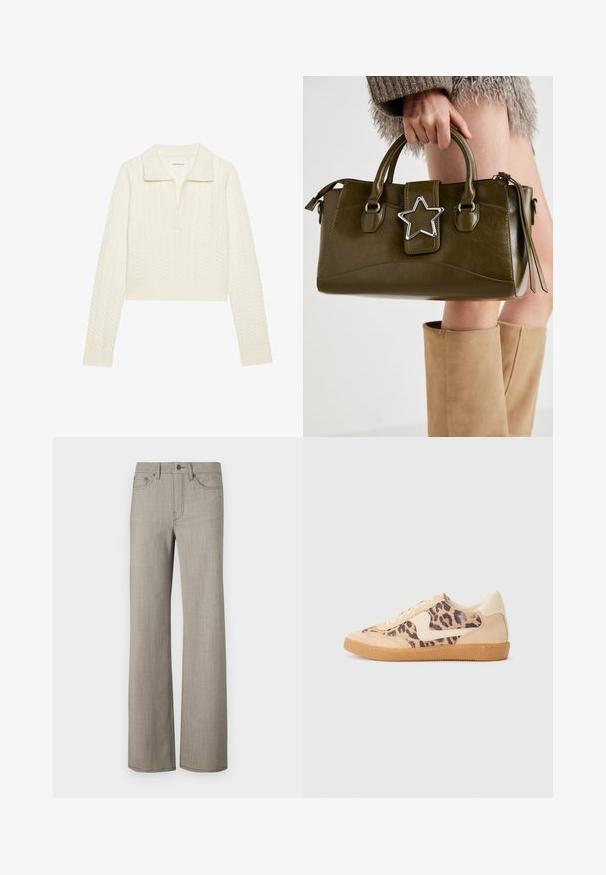 Cropped sweater in cream, featuring a cable knit pattern, a wide collar, and ribbed cuffs. Made from soft, textured fabric.; Wide-leg pants in a light gray, textured fabric with a smooth finish. Features a button closure and five-pocket design.; Leopard print sneakers with beige suede upper, tan rubber sole, and white accents. Round toe and lace-up design with a textured finish.; Olive green faux leather handbag with silver star accent, dual handles, and a zip closure. Textured surface and structured shape.