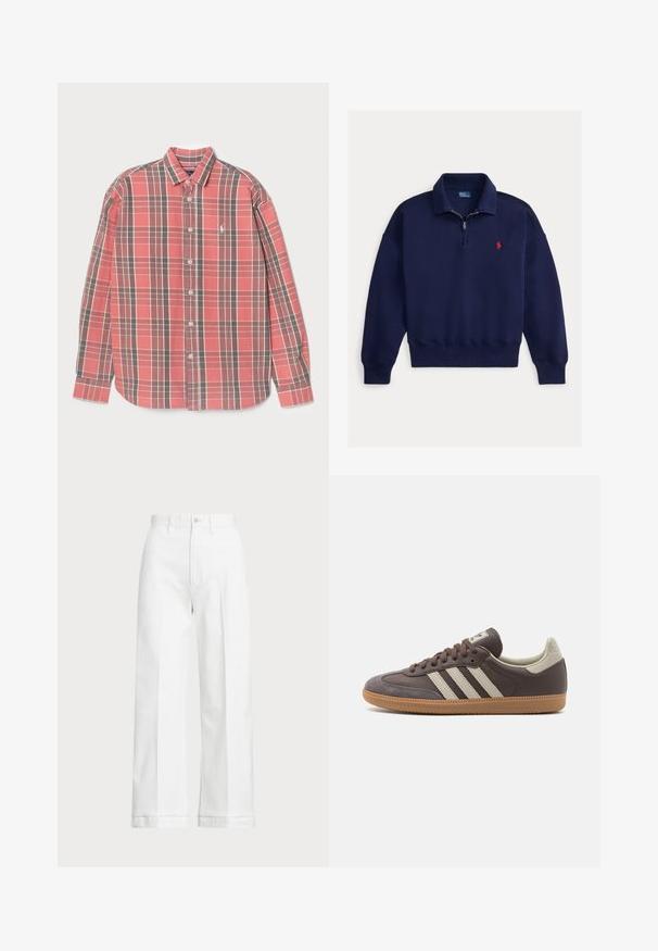 Marineblå genser med halvglidelås i kragen, ribbestrikkede mansjetter og kant, med en liten rød logo på venstre bryst.; Rød og grå rutete skjorte med lange ermer, knappestolpe foran, og en liten logo på brystet. Baav av bomull med en myk tekstur.; Hvite vidde bukser med høy midje, med knappelukking og subtile sømdetaljer. Laget av bomull med en glatt tekstur.; Brune lærersneakers med tre lyse striper, gummisåle, rund tå og teksturerte semskede detaljer på hælen og tåen.