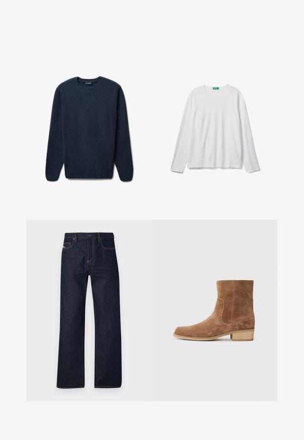 Navy blue sweater made of soft, textured fabric. Features a round neckline, ribbed cuffs, and hem. Simple design with no patterns or accents.; Plain white long-sleeve crewneck shirt with a green tag at the neckline, laid flat on a white background.; Dark blue denim jeans with straight legs, contrasting yellow stitching, a classic five-pocket design, and a button closure at the waist.; Brown suede ankle boots with a slightly rounded toe, low stacked wooden heel, elastic side panels, and smooth stitching along the seams.