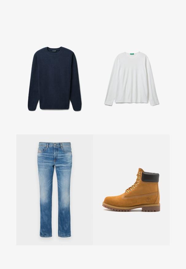 Maglione blu navy realizzato in tessuto morbido e testurizzato. Presenta un collo rotondo, polsini a coste e orlo. Design semplice senza motivi né accenti.; Maglietta a maniche lunghe bianca con scollo rotondo e etichetta verde sul collo, adagiata su uno sfondo bianco.; Jeans in denim azzurro chiaro con un design a gamba dritta, cinque tasche e una leggera sfumatura vicino alle ginocchia. Presentano cuciture arancioni e una chiusura con bottone.; Stivale alla caviglia in suede tan con collare imbottito nero, occhielli in metallo dorato, dettagli in cucitura bianca e suola in gomma robusta con battistrada pronunciato.
