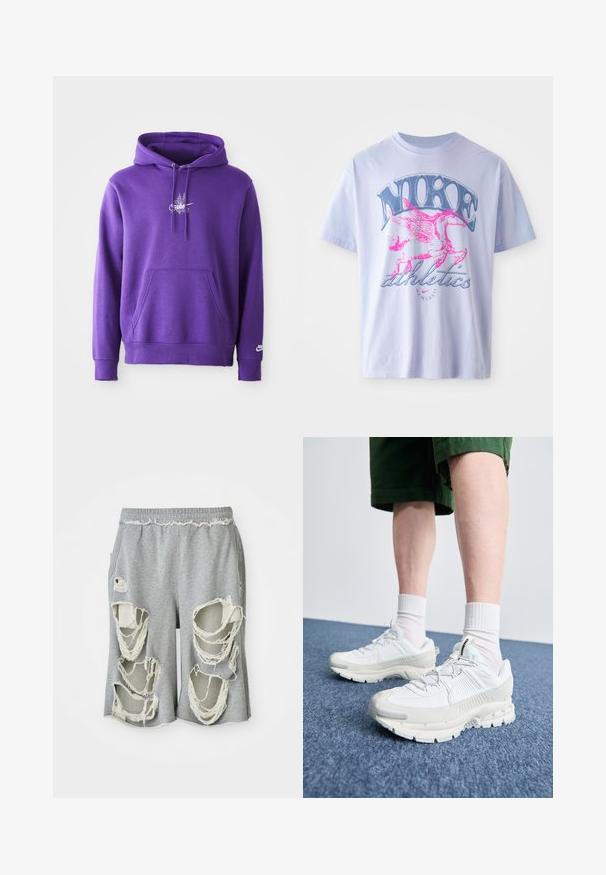 Lila kapucnis pulóver puha anyagból, elülső zsebbel, húzózsinórral a kapucnin, és egy fehér logóval a mellrészen. Simma textúra.; Világoslila pamut póló, rózsaszín és kék szárnyas ló grafikával, "NIKE" és "athletics" felirattal, rövid ujjakkal és kerek nyakkal.; Szürke pamut rövidnadrág, jellegzetes kopott lyukakkal és rojtos szélekkel. Rugalmas derékkal és laza szabással rendelkezik.; Fehér sportcipők texturált burkolattal, vastag talppal és szürke részletekkel. Fehér sportzoknival és zöld rövidnadrággal viselve, kék felületen.