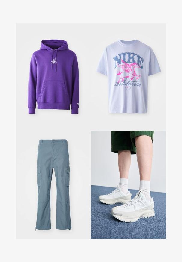 Violets džemperis, kas izgatavots no mīksta materiāla, piedāvā priekšējo kabatu, aukliņas kapuci un baltu logotipu uz krūtīm. Gluda tekstūra.; Gaiši violets kokvilnas T-krekls ar rozā un zila spārnotā zirga grafiku, uz kura redzams teksts "NIKE" un "athletics", īsām piedurknēm un apaļu kakla izgriezumu.; Gaiši zili kravas bikses, kas izgatavotas no izturīga auduma. Iespējas ietver kravas kabatas, ar rāvējslēdzēju atveramu kāju un pogu aizdari.; Baltas sporta apavi ar teksturētām detaļām, masīvu zoli un pelēkiem akcentiem. Valkāti ar baltiem zeķu pēdu apģērbiem un zaļām šortiem uz zilas virsmas.