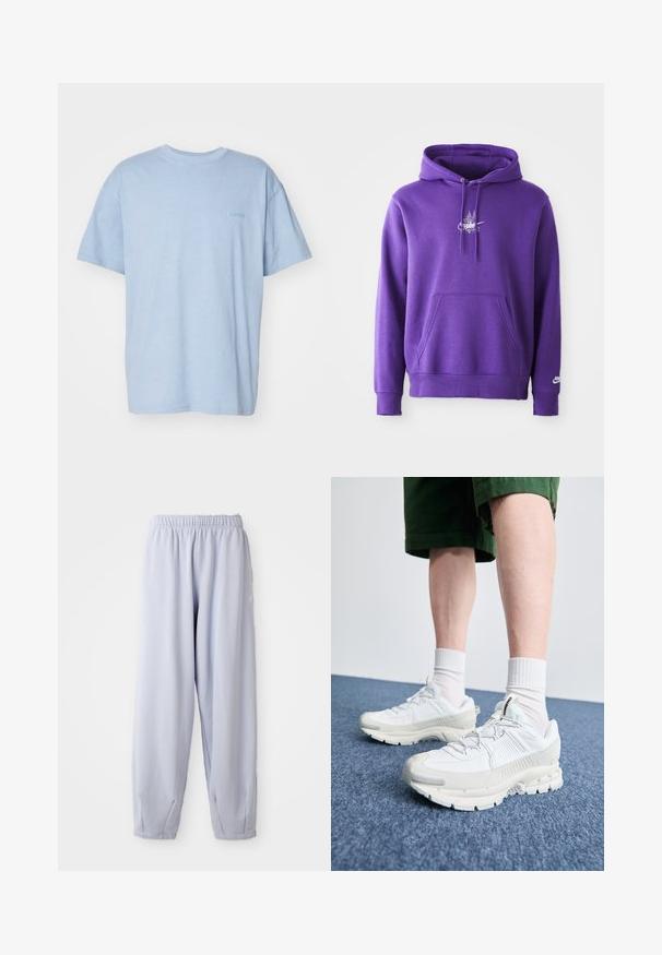 Lila Kapuzenpullover aus weichem Material, mit einer Fronttasche, Kordelzug-Kapuze und einem weißen Logo auf der Brust. Glatte Textur.; Helles blaues Baumwoll-T-Shirt mit kurzen Ärmeln, einem Rundhalsausschnitt und einem kleinen gestickten Logo auf der Vorderseite. Weiche Textur, lässige Passform.; Helle Lavendel-Jogginghose aus weichem Stoff mit elastischem Bund und gerafften Knöcheln. Verfügt über dezente Markenkennzeichnung an der Seite.; Weiße Sportschuhe mit strukturierten Überzügen, einer dicken Sohle und grauen Akzenten. Tragen mit weißen Crew-Socken und grünen Shorts auf einer blauen Oberfläche.