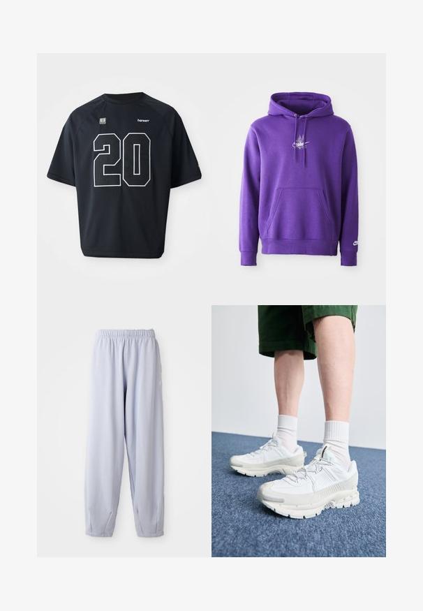 Fioletowa bluza z kapturem, wykonana z miękkiego materiału, z kieszenią z przodu, regulowanym kapturem i białym logo na klatce piersiowej. Gładka tekstura.; Czarna sportowa koszulka z siateczki z dużą białą cyfrą "20" z przodu. Krótkie rękawy i okrągły dekolt, z detalami logo.; Jasnofioletowe dresy wykonane z miękkiego materiału, z elastycznym pasem i ściągaczami przy kostkach. Posiadają subtelne logo z boku.; Białe buty sportowe z teksturowanymi nakładkami, masywną podeszwą i szarymi akcentami. Nosi się je z białymi skarpetami do kostek i zielonymi szortami na niebieskiej powierzchni.