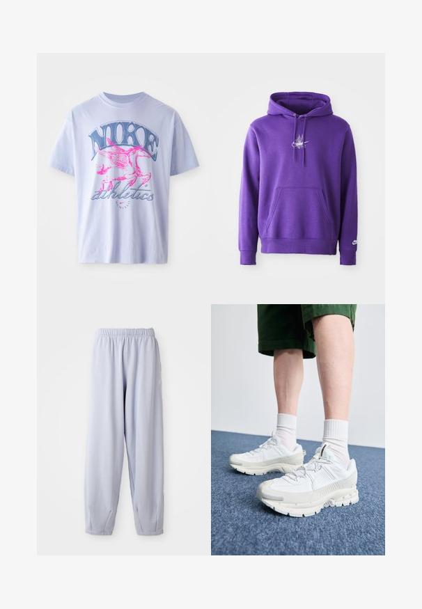 Violets džemperis, kas izgatavots no mīksta materiāla, piedāvā priekšējo kabatu, aukliņas kapuci un baltu logotipu uz krūtīm. Gluda tekstūra.; Gaiši violets kokvilnas T-krekls ar rozā un zila spārnotā zirga grafiku, uz kura redzams teksts "NIKE" un "athletics", īsām piedurknēm un apaļu kakla izgriezumu.; Gaiši lavandas krāsas sporta bikses, kas izgatavotas no mīksta auduma ar elastīgu jostasvietu un savelkiem uz potītēm. Satur diskretu zīmolu uz sāniem.; Baltas sporta apavi ar teksturētām detaļām, masīvu zoli un pelēkiem akcentiem. Valkāti ar baltiem zeķu pēdu apģērbiem un zaļām šortiem uz zilas virsmas.