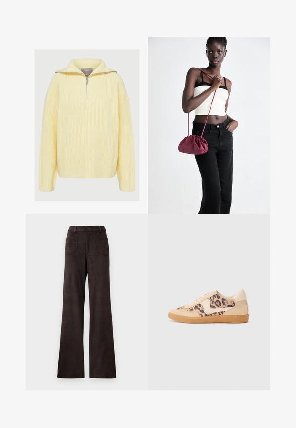 Knitted pullover in soft yellow, featuring a half-zip design, wide collar, and ribbed texture. Loose fit with long sleeves.; Brown wide-leg trousers made of soft, textured fabric. Features include a button closure and two front pockets.; Leopard print sneakers with beige suede upper, tan rubber sole, and white accents. Round toe and lace-up design with a textured finish.; Burgundy soft fabric handbag with a gathered design and a long strap, worn crossbody. Model wears a white crop top and black jeans.