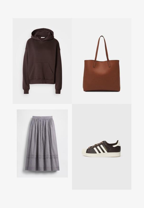 Bruine hoodie gemaakt van zachte stof, met een grote capuchon, een voorkeurszak en ribbelmanchetten en -zoom. Eenvoudig, casual ontwerp zonder patronen.; Ruitjesrok in zwart en wit, voorzien van een elastische tailleband en geplooid stof. Het ontwerp heeft een gelaagd naaddetail.; Low-top Adidas Superstar sneaker in donkerbruin leer met crème shell-toe, witte strepen en de tekst "Superstar" aan de zijkant.; Bruine leren tote bag met een gladde textuur, een ontwerp met een open bovenkant en twee schouderbanden. Kenmerkt zich door minimale stiksels en geen zichtbare hardware.