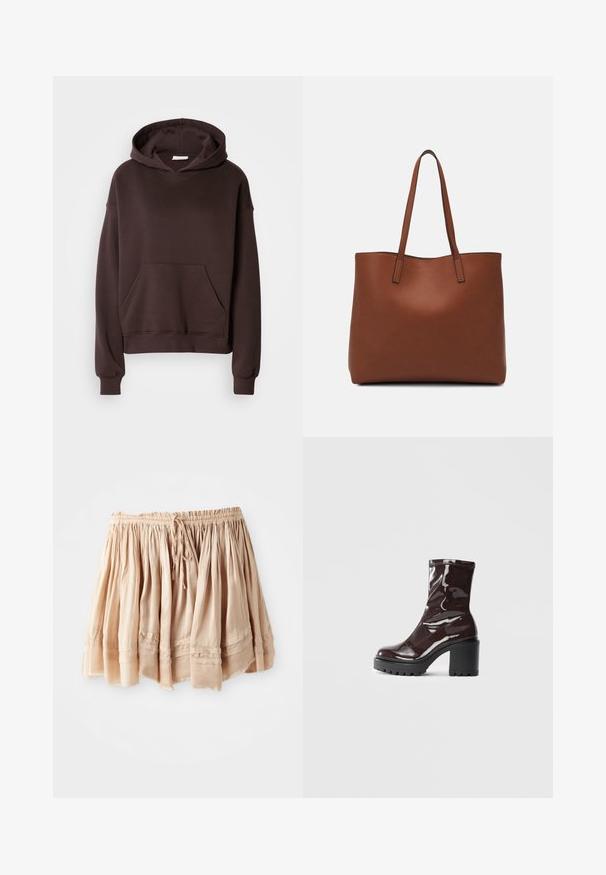 Brown hoodie made from soft fabric, featuring a large hood, front pocket, and ribbed cuffs and hem. Simple, casual design with no patterns.; Light beige, tiered skirt made of soft fabric with an elastic waistband and adjustable drawstring, featuring subtle pleats and stitched accents.; Glossy burgundy ankle boot with a chunky black heel, featuring a smooth texture and simple design. No visible fastenings or patterns.; Brown leather tote bag with a smooth texture, open top design, and two shoulder straps. Features minimal stitching and no visible hardware.