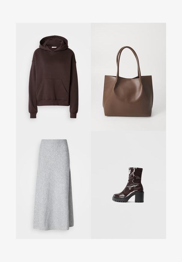 Pruun kapuutsiga silt, mis on valmistatud pehmest kangast, suure kapuutsi, esikoti ning soonikuvarrukate ja -äärtega. Lihtne, igapäevane disain ilma mustriteta.; Helehall, pehmeast kudumist midi seelik ribatud vöökohaga ja külgslöögiga, esitledud valgel taustal.; Klakav läikiv burgundi värvi pahkluu saabas, millel on paks must konts, sile tekstuur ja lihtne disain. Nähtavad kinnitused või mustrid puuduvad.; Pruun nahkne kott kahe pika sangaga, struktureeritud kuju, sile pind ja minimalistik disain. Ilma nähtava riistvara või aksessuaarideta.