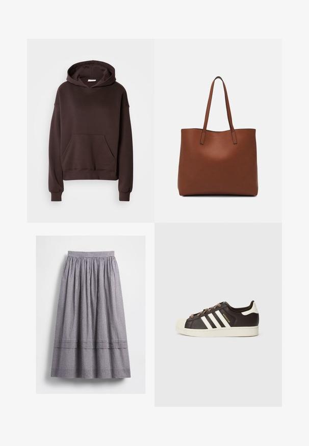Brauner Hoodie aus weichem Material, mit einer großen Kapuze, Fronttasche und gerippten Bündchen und Saum. Einfaches, lässiges Design ohne Muster.; Schwarz-weiß kariertes Midirock mit elastischem Bund, geraffter Textur und sichtbaren Nahtdetails entlang des Saums.; Low-Top Adidas Superstar Sneaker aus dunkelbraunem Leder mit cremefarbener Schale an der Spitze, weißen Streifen und dem Schriftzug "Superstar" an der Seite.; Braune Leder-Tote mit glatter Textur, offenem Oberteil und zwei Schulterriemen. Verfügt über minimale Nähte und keine sichtbaren Beschläge.