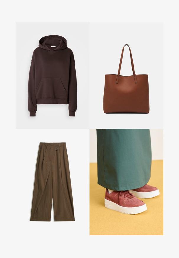 Felpa marrone realizzata in tessuto morbido, con un ampio cappuccio, tasca frontale e polsini e orlo a costine. Design semplice e casual senza fantasie.; Pantaloni larghi marroni con sottili righe bianche, vita alta, chiusura frontale con bottone e pannello sovrapposto in stile avvolgente.; Nike Sportswear AF1 SAGE - Sneakers basse - red sepia; Borsa tote in pelle marrone con texture liscia, design con apertura superiore e due spallacci. Presenta cuciture minime e nessun hardware visibile.