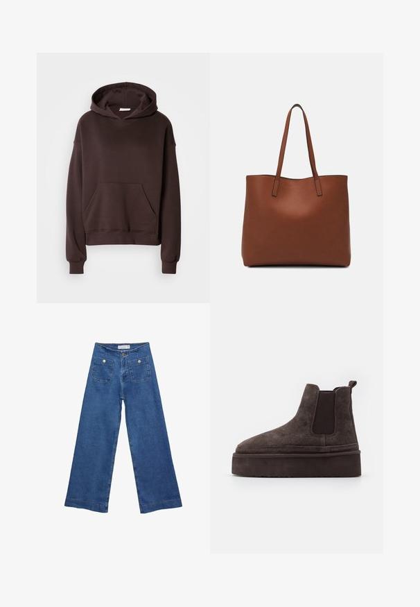 Rjava kapuca iz mehkega blaga, s velikim pokrovom, sprednjim žepom ter rebrastimi manšetami in robom. Preprost, sproščen dizajn brez vzorcev.; Jeans širokih nogavic iz denima z medenim modrim pranjem, dvema sprednjima žepoma z gumbnimi zaprtji in šivanjem ob robovih.; Rjave semiš Chelsea čizme z elastičnimi stranskimi paneli in debelim, teksturiranim platformnim podplatom. Imajo zanko na peti za lažje oblačenje.; Rjava usnjena torba z gladko teksturo, odprto zasnovo zgoraj in dvema naramnima trakovoma. Opremljena je z minimalnim šivanjem in brez vidnih kovinskih delov.